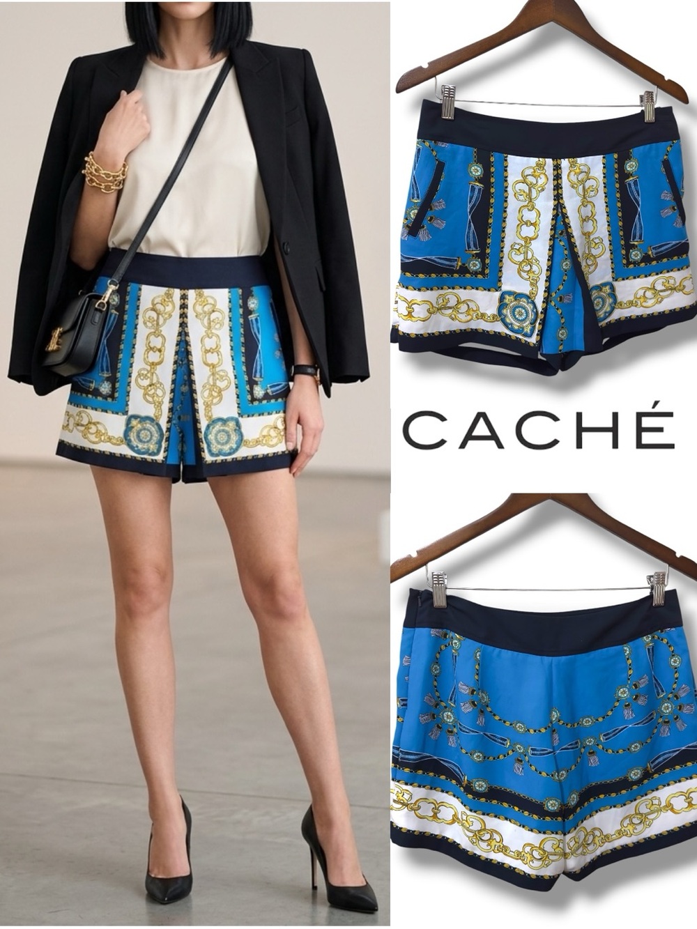 Caché | NWOT Vintage Y2K Blue White Gold Baroque Chain-Print Shorts (size 6)